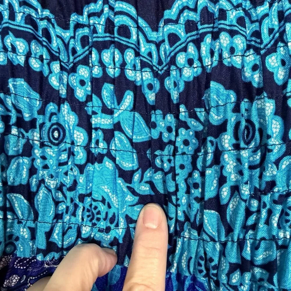 Blue Floral Skirt‎ Asymmetric Tie Waist Smocked Whimsigoth Gypsy Fairy Grunge S